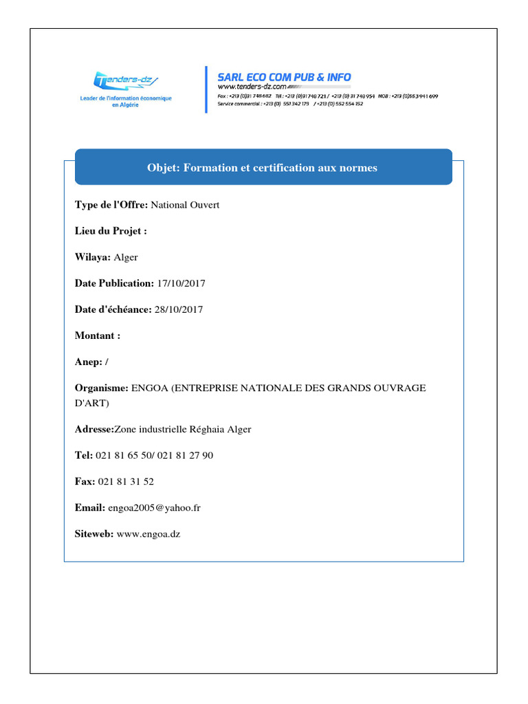 Engoa (Entreprise Nationale Des Grands Ouvrage Dart) | PDF ...
