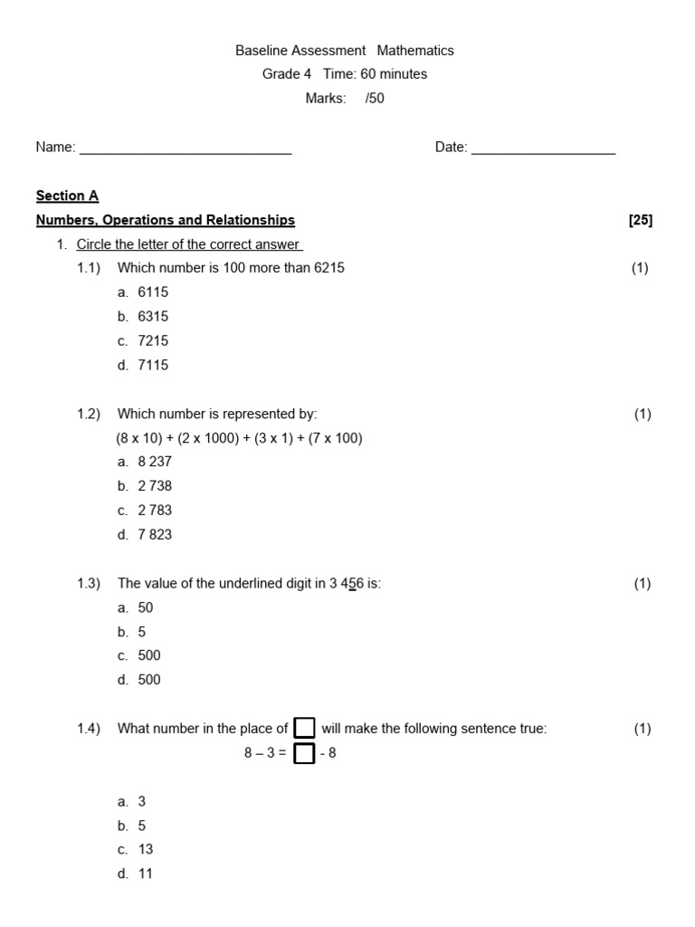 Gr 4 Baseline Assessment 2017 Download Free Pdf Mathematics