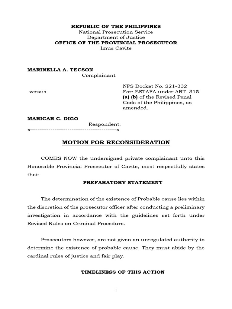 MOTION FOR RECONSIDERATION TECSON PDF Prosecutor Complaint