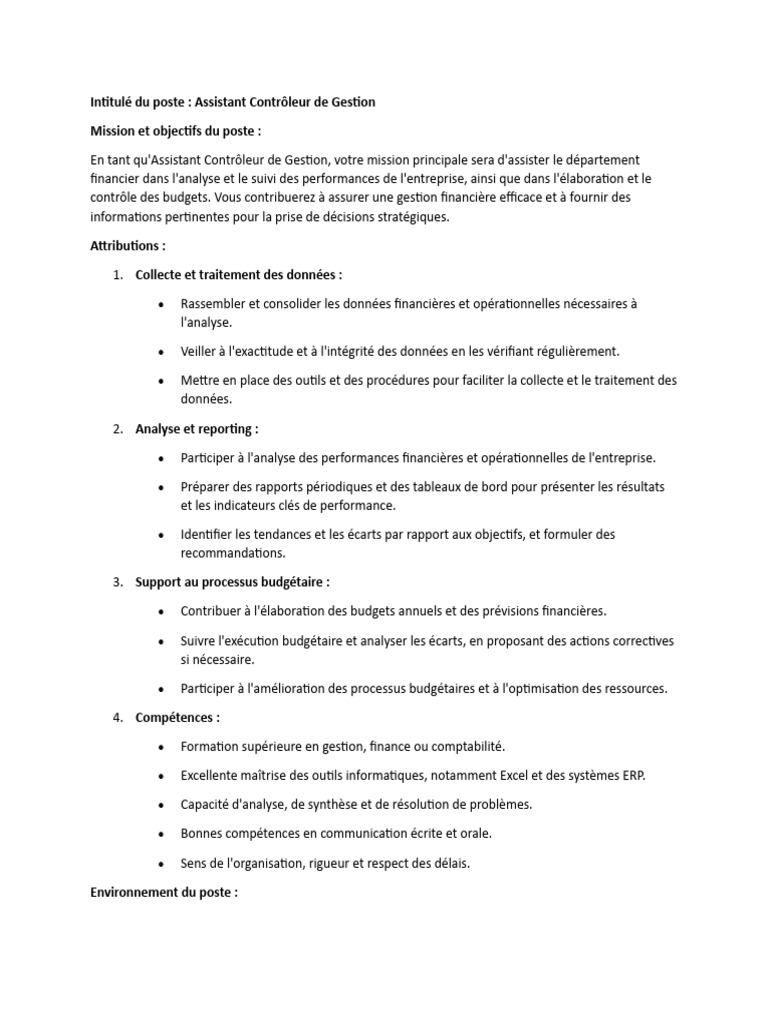 Fiche de Poste : Assistant Contrôleur de Gestion | PDF | Business ...
