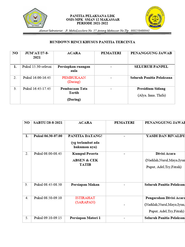 Rundown Rinci Khusus Panitia | PDF
