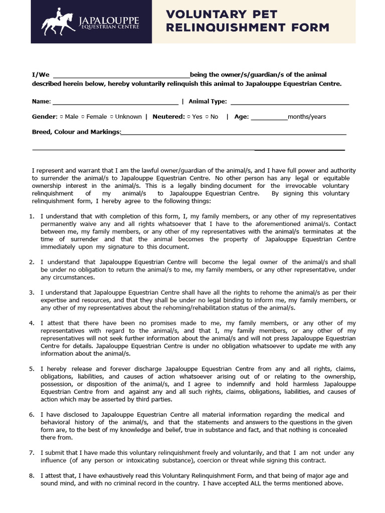 Voluntary Animal Relinquishment Form | PDF | Common Law | Justice