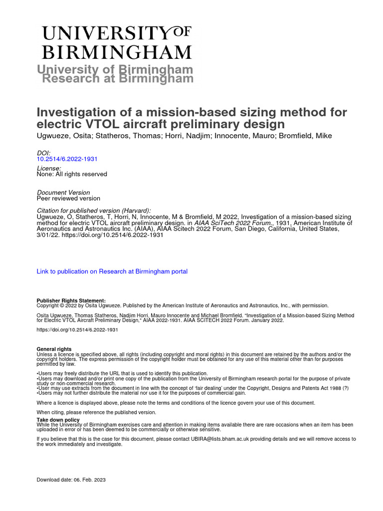 Investigation of A Mission Based Sizing Method For eVTOL | PDF ...