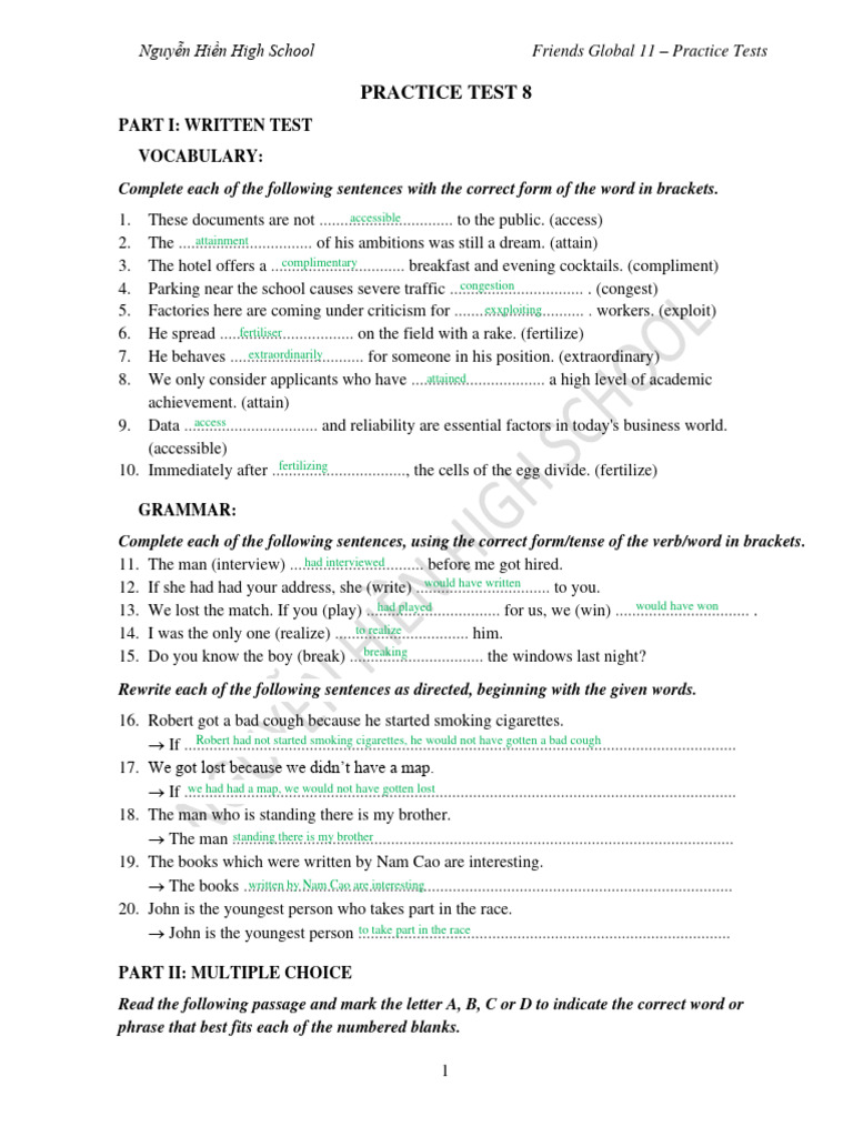 Practice Test 8 for Nguyễn Hiền High School | PDF