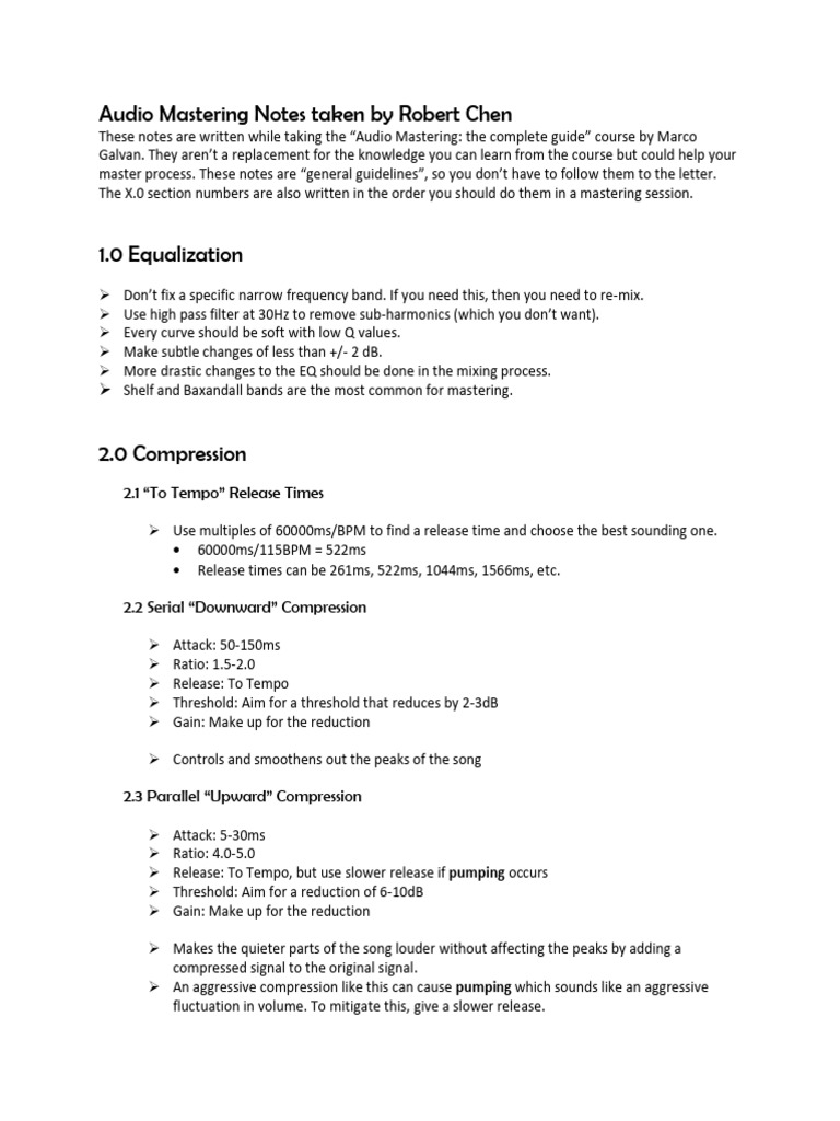 Audio Mastering Notes Pdf Electronics Telecommunications Engineering