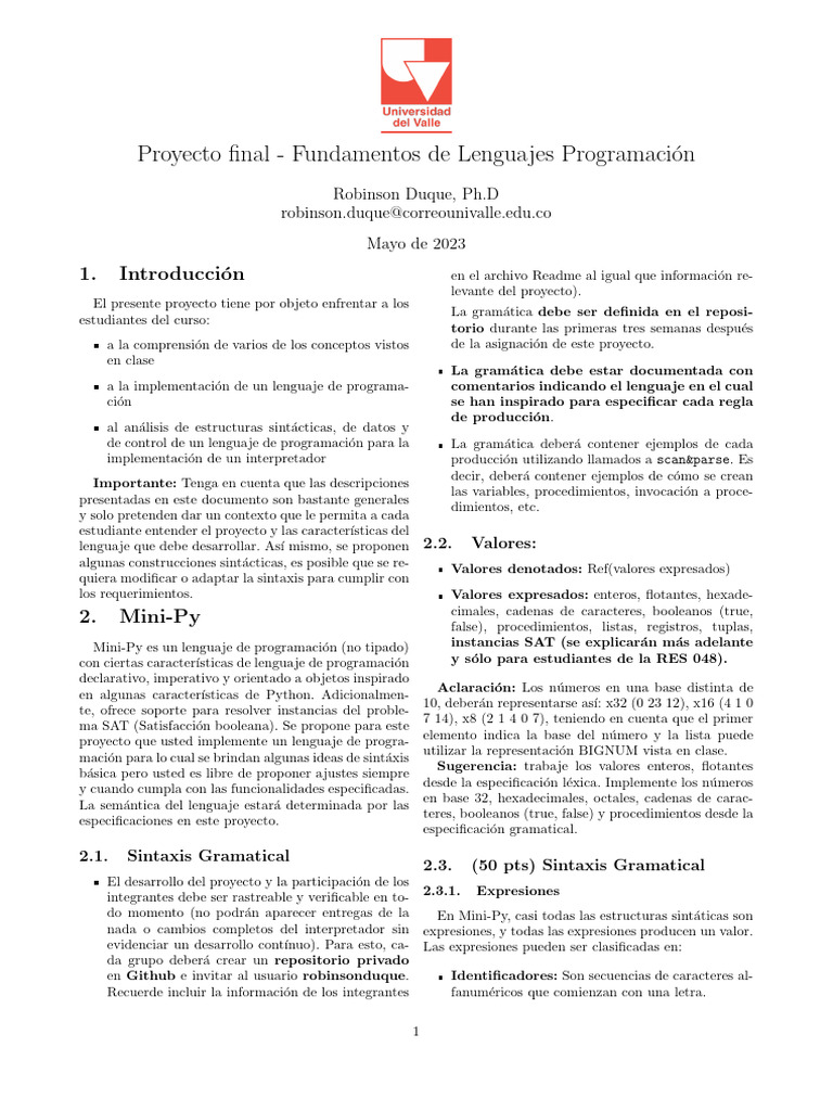 Proyecto Mini-Py: Lenguaje de Programación | PDF | Lenguaje de ...