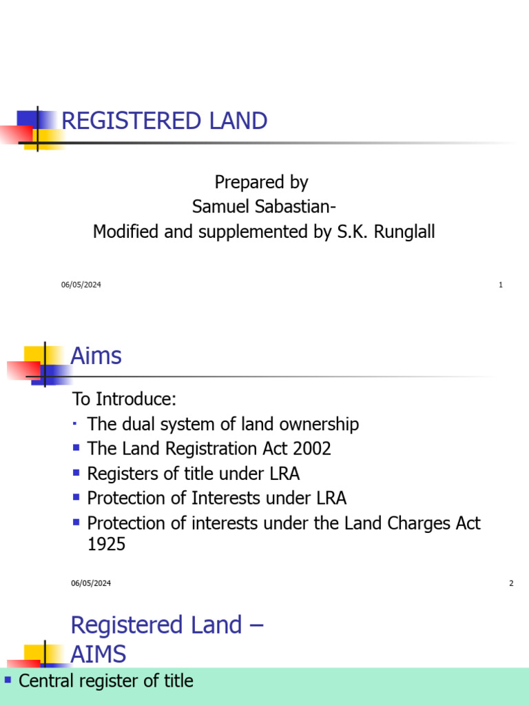 Land law PowerPoint 3 Registered Land Modified with notes and mindmaps PDF Mortgage Law