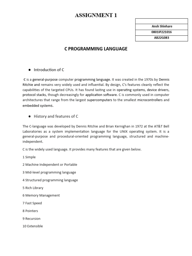 Assignment 1: C Programming Language | PDF | C (Programming Language ...