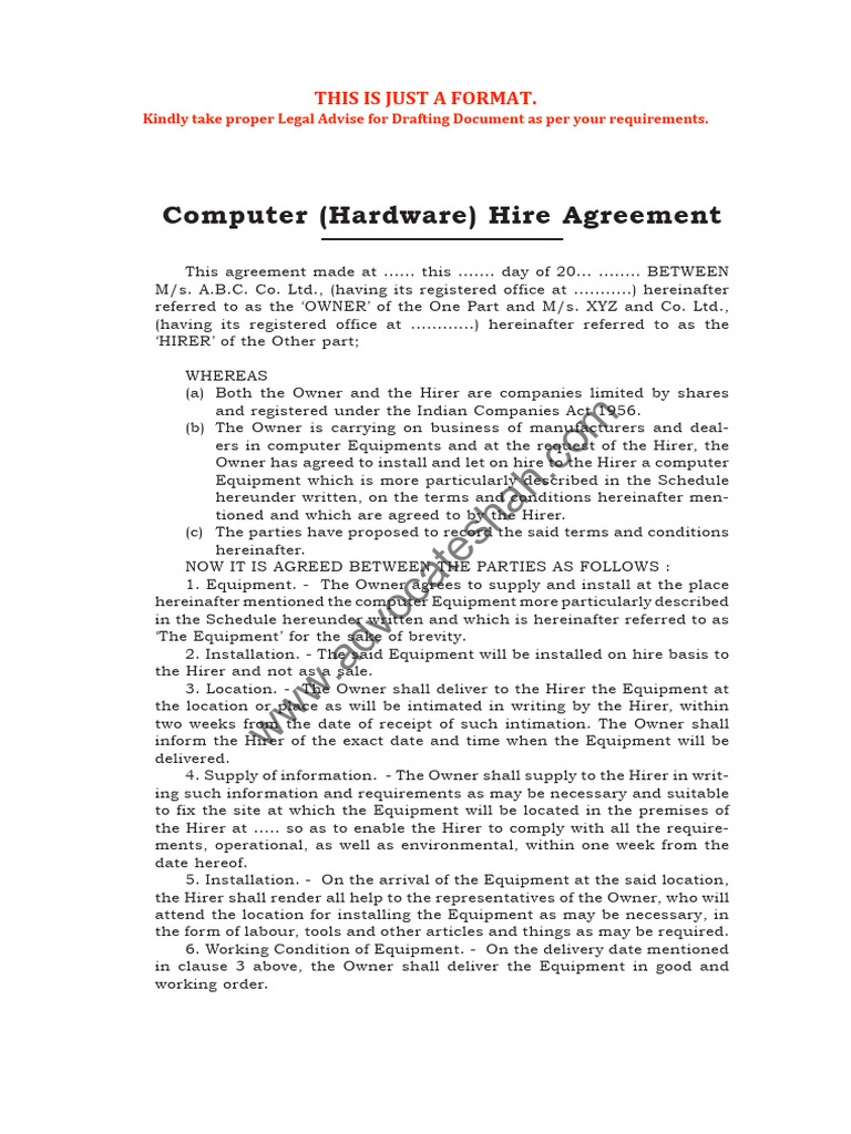 Computer Hardware Hire Agreement Template | PDF | Insurance | Indemnity