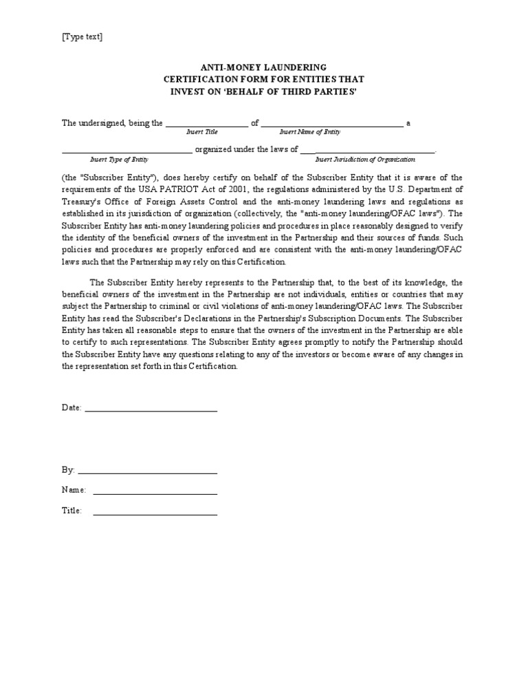 Anti-Money Laundering Certification Form | PDF