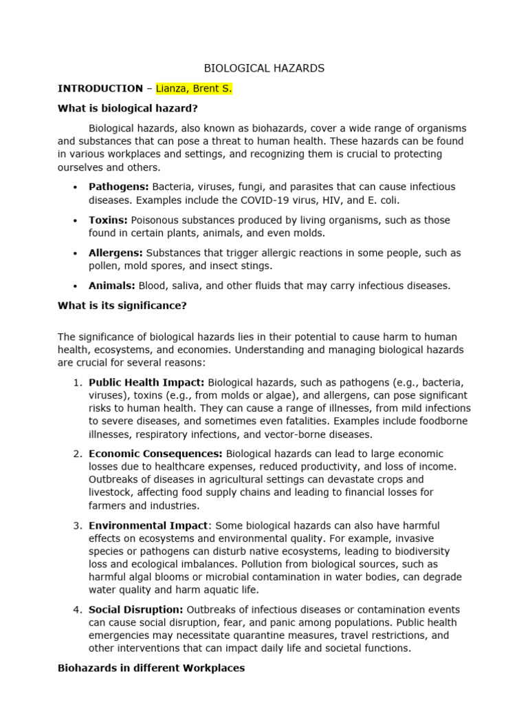 Understanding Biological Hazards | PDF | Infection | Personal ...