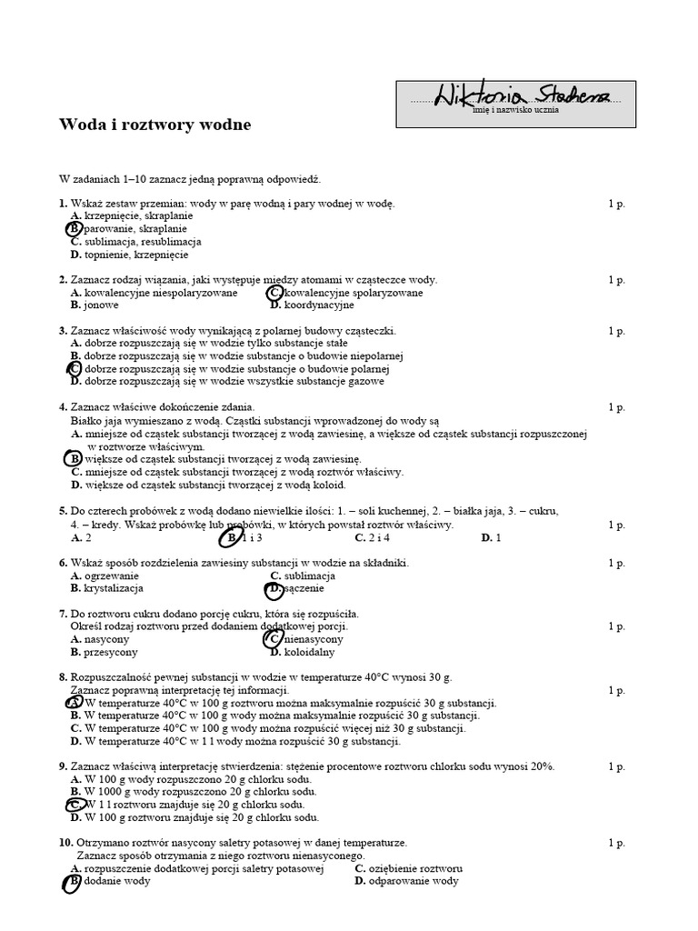 Woda I Roztwory Wodne Test Odpowiedzi Edited Sprawdzian 3 Woda I Roztwory Wodne Grupa A I B | PDF