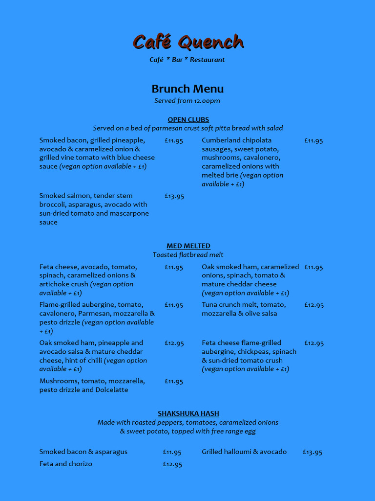 Cafe Quench Brunch Menu 2024 | PDF | Sausage | Tomato