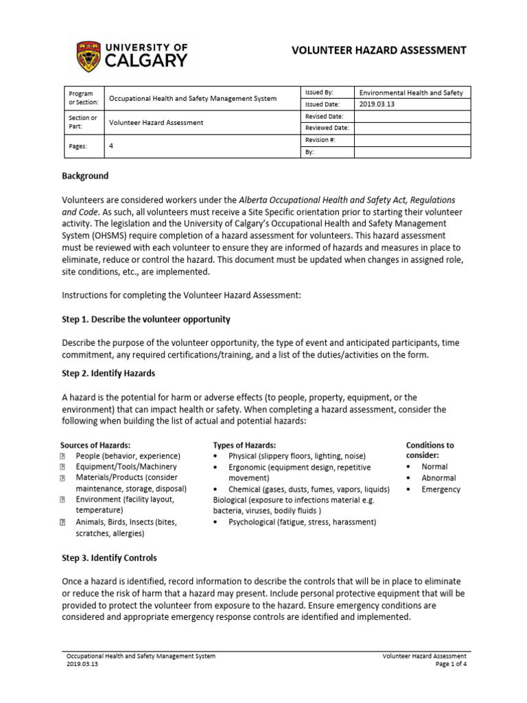 Volunteer Hazard Assessment Guide | PDF | Hazards | Occupational Safety ...
