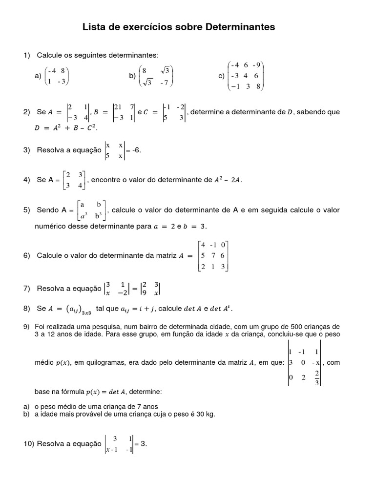 Lista 01 - Determinantes | PDF | Determinante | Equações