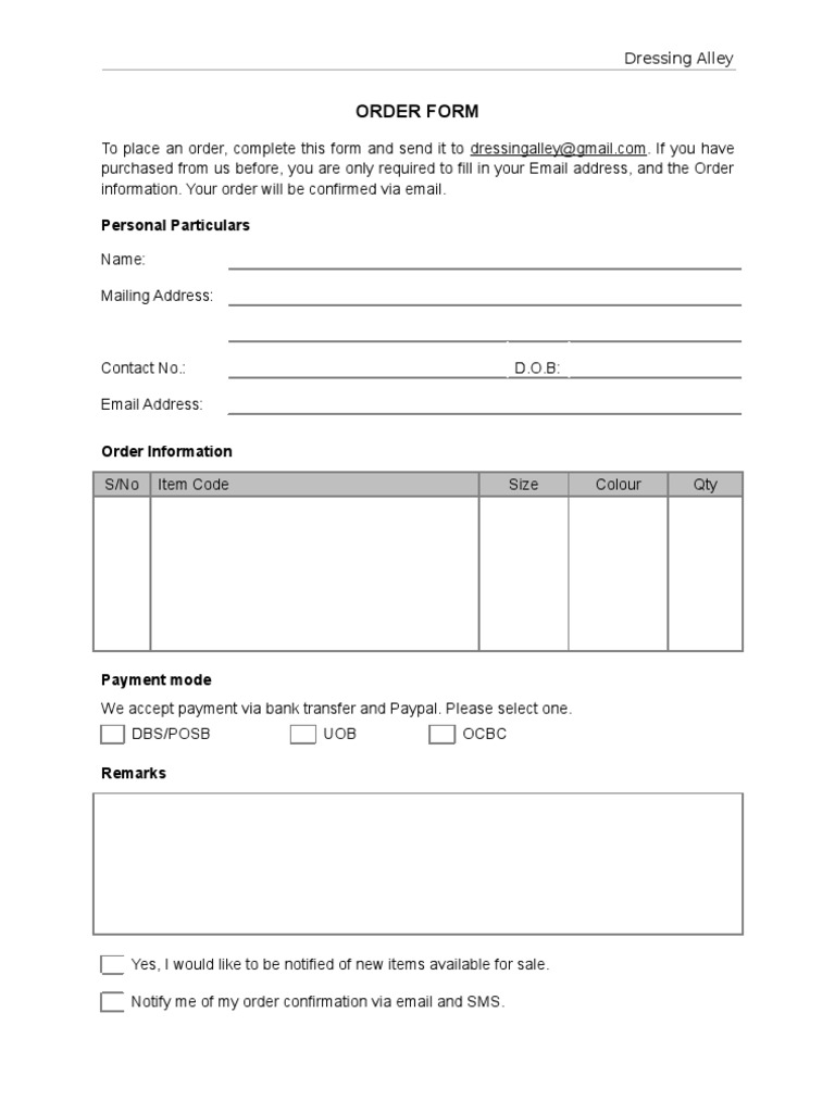Dressing Alley Order Form | PDF
