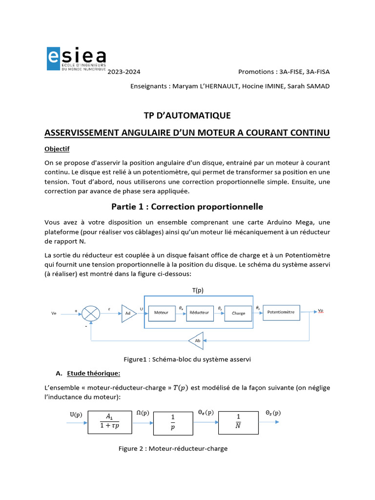 Asservissement angulaire moteur CC TP 2023 PDF Régulation — free download