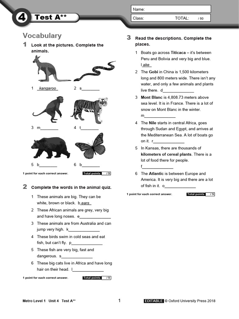 Metro Level 1 Unit 4 Test A | PDF