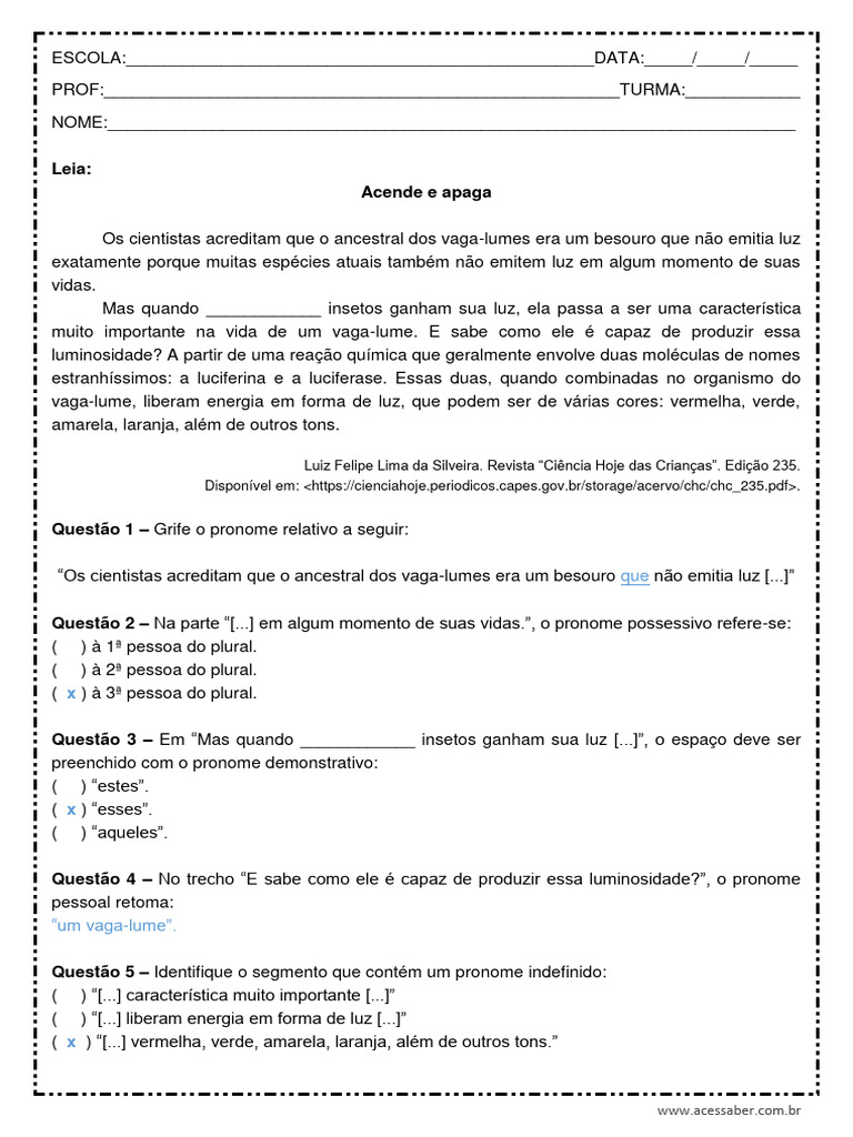 Atividade de Portugues Pronomes 1o Ano Do Ensino Medio Respostas | PDF ...