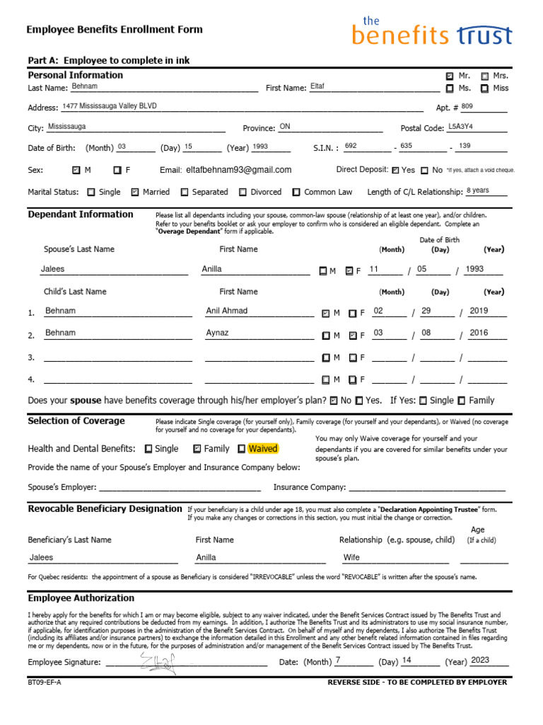 Employee Benefits Enrollment Form | PDF | Employment | Insurance