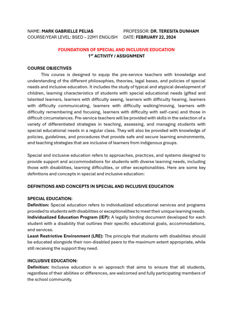 Foundations of Special Education Overview | PDF | Inclusion (Education ...