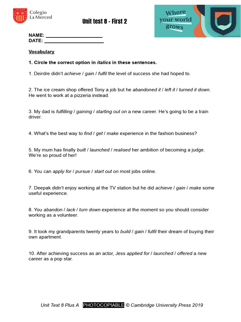 Unit Test 8 - First 2 | PDF