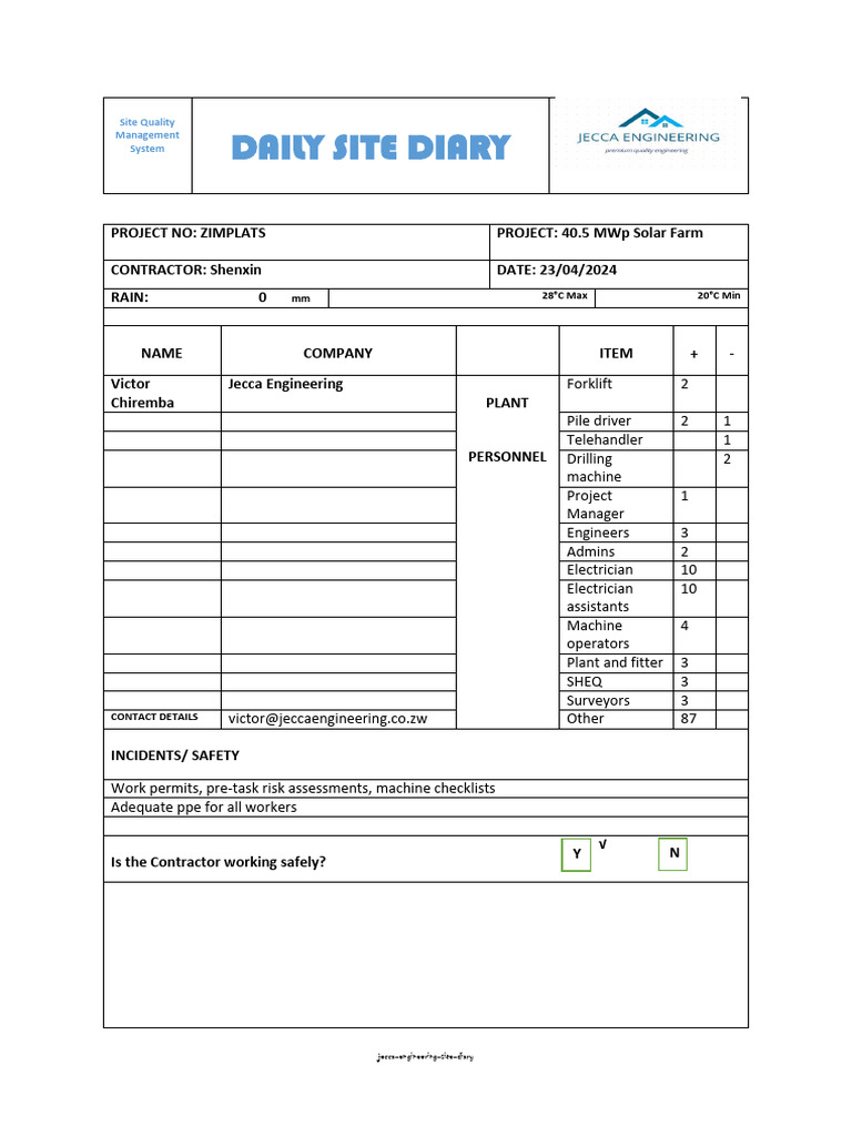 Jecca Engineering Daily Site Diary | PDF