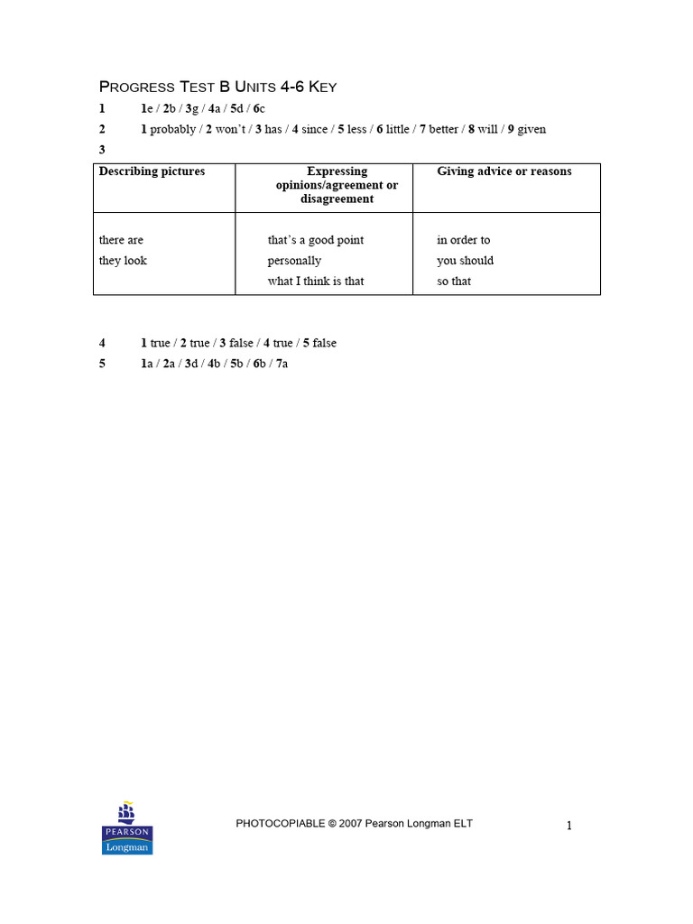 Answer Key Progress Test Units 4 To 6B | PDF