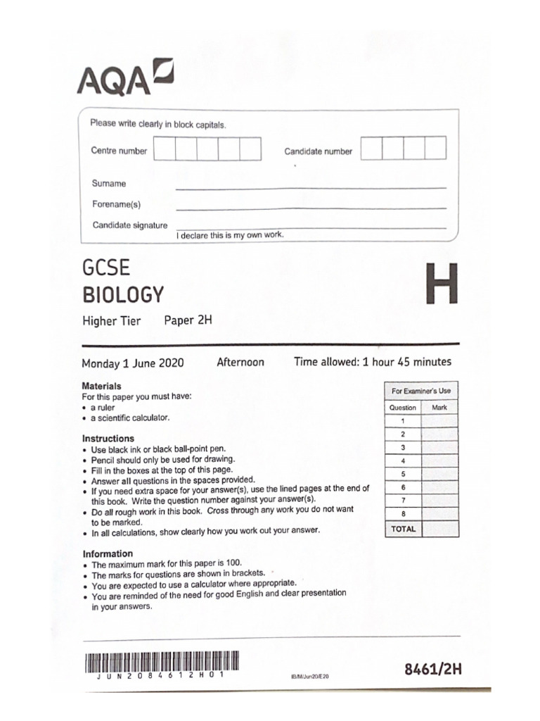 AQA GCSE Biology 2020 Higher Paper 2 Model Solutions | PDF