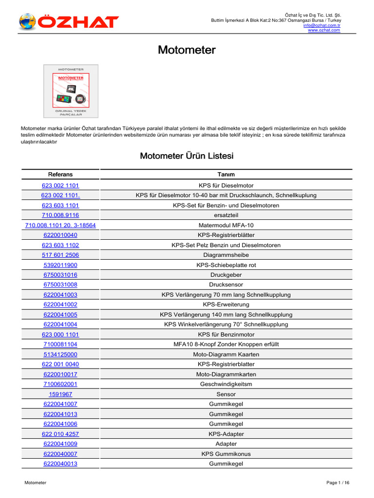 Motometer Motometer: Motometer Ürün Listesi Motometer Ürün Listesi | PDF