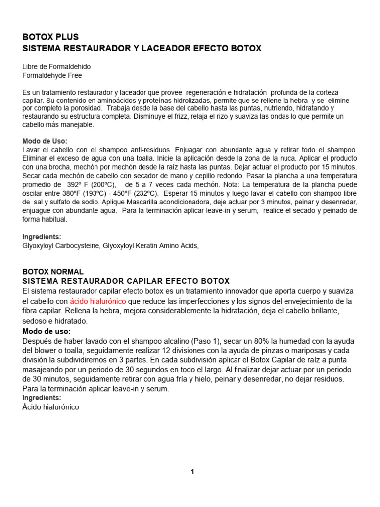 Tratamientos Capilares Efecto Botox | PDF | Agua | Pelo