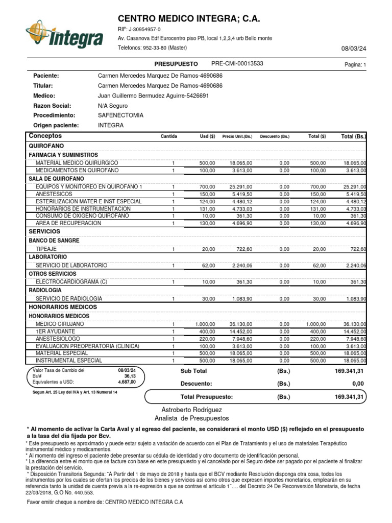 Presupuesto Médico Safenectomía | PDF | Cuidado de la salud | Medicina