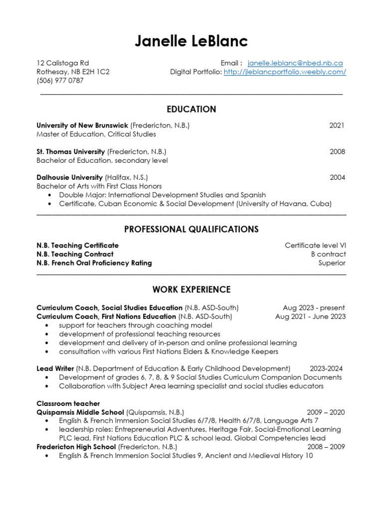J Leblanc CV April 2024 PDF Teachers New Brunswick