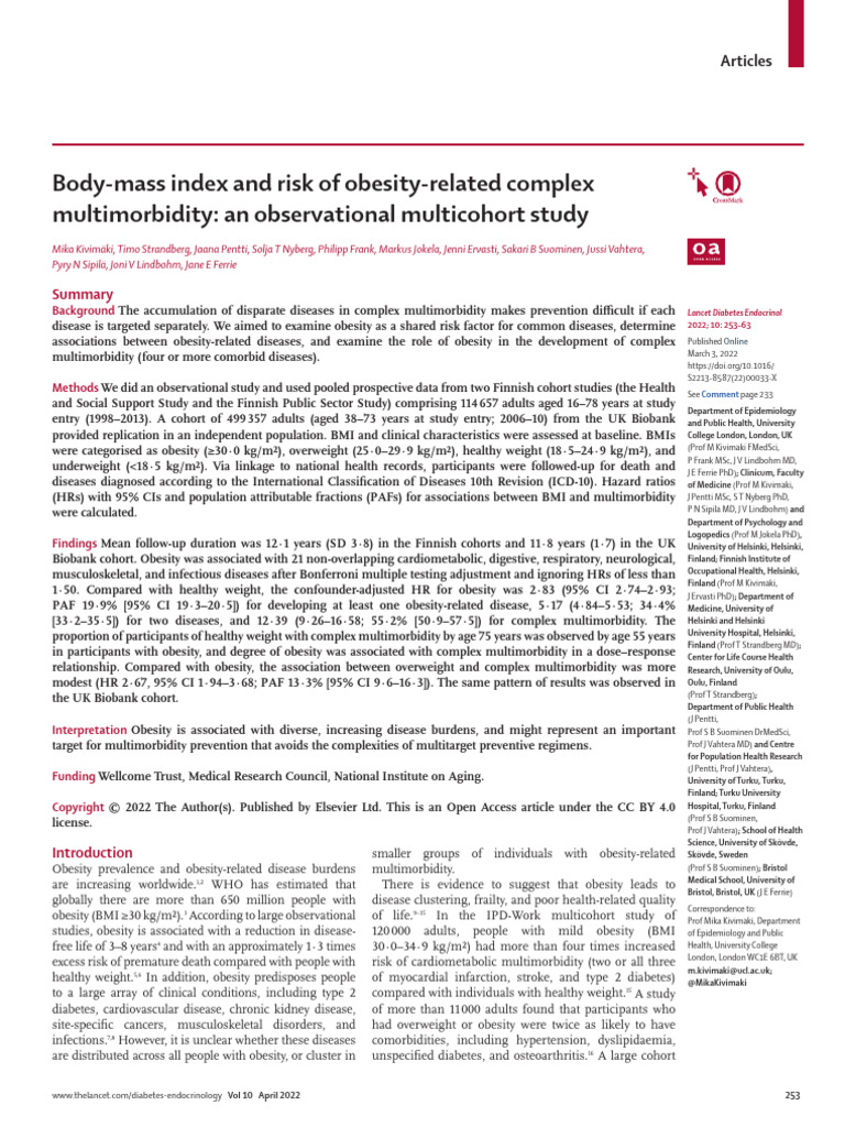 Body Mass Index and Risk of Obesity Related Comple | PDF | Body Mass ...