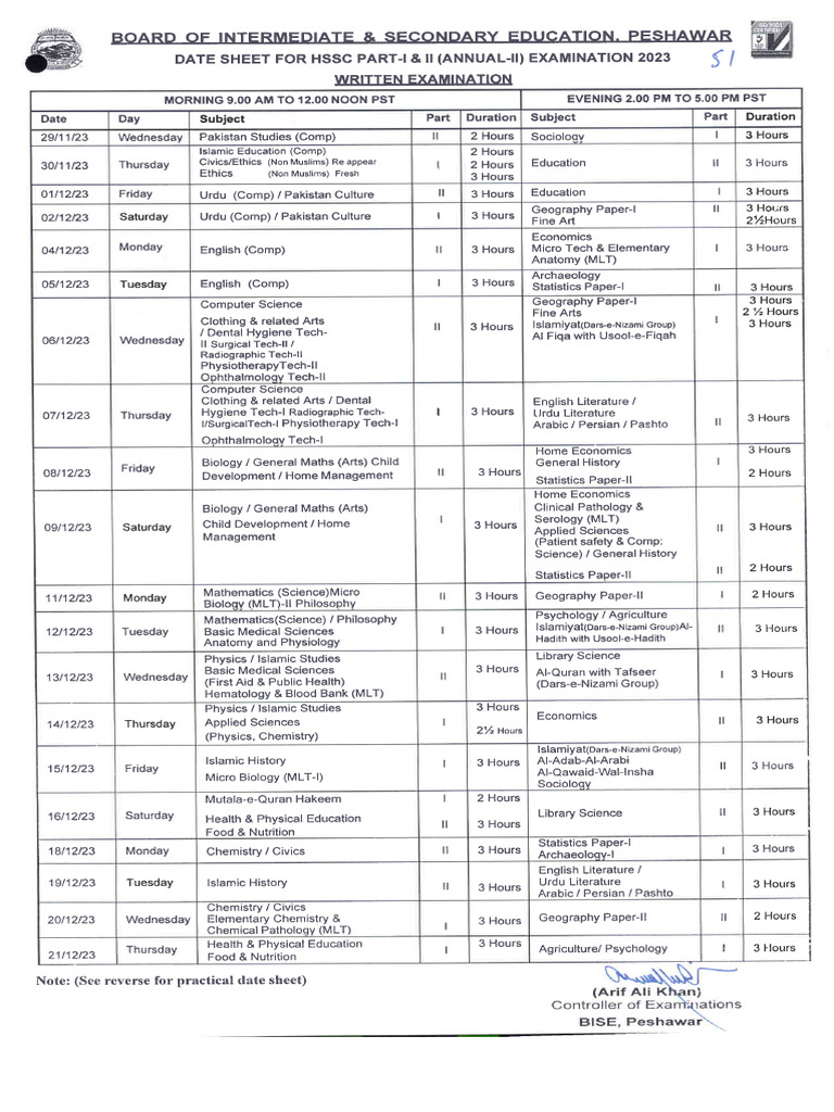 Datesheet - HSSC Annual-II Exam 2023 | PDF