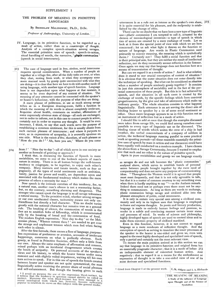 The problem of meaning in primitive languages malinowski bronislaw