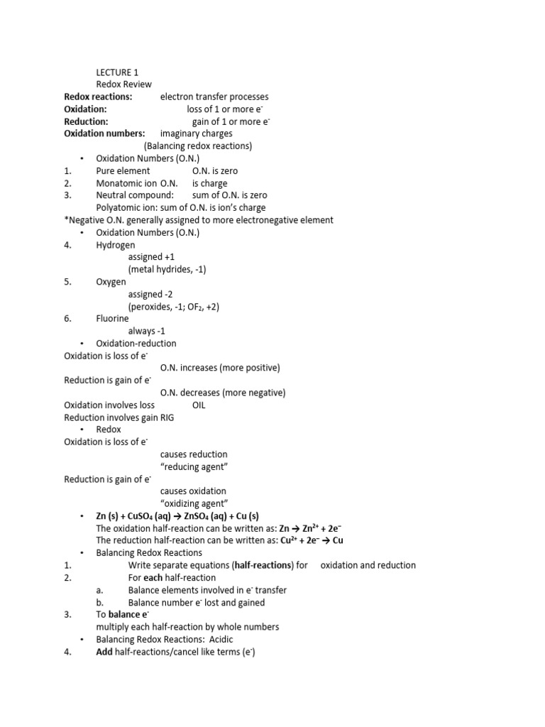 Redox Reactions and Electrochemistry Overview | PDF | Electrochemistry ...