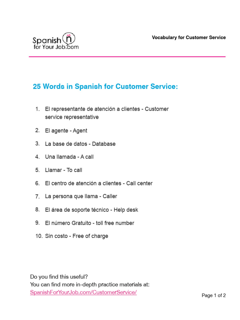 PDF 25 Customer Service Vocabulary Words in Spanish PDF