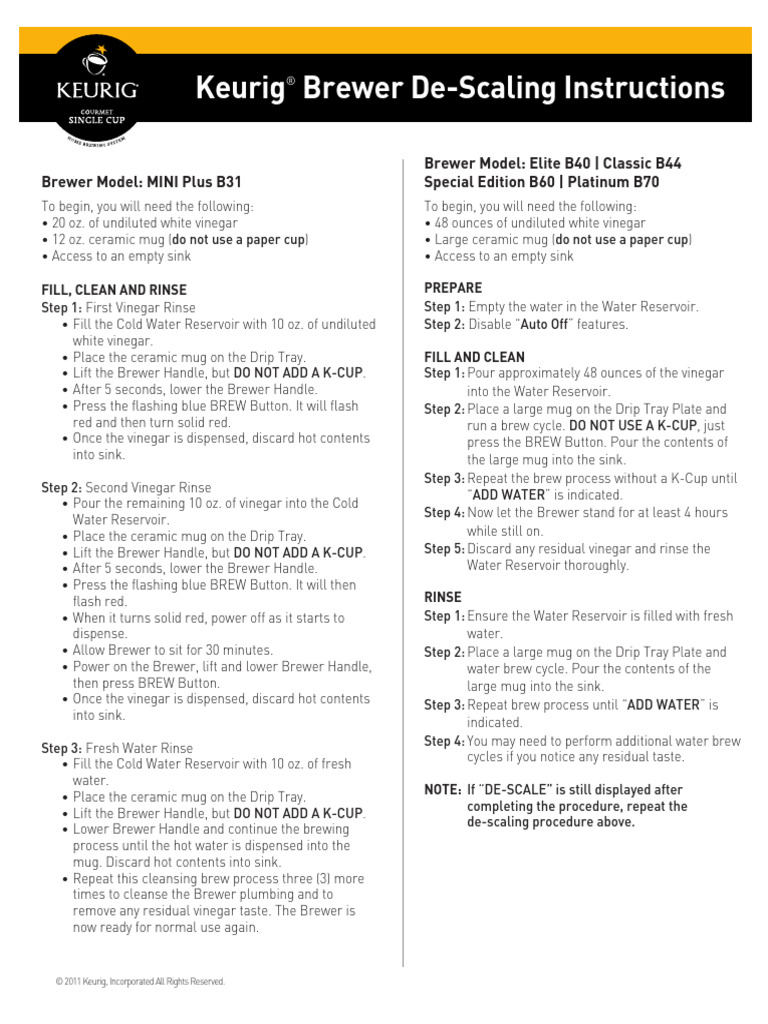 Keurig De-Scaling Instructions | PDF | Brewing | Mug