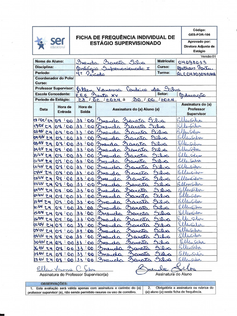 Ficha de Frequência - Estágio Supervisionado | PDF