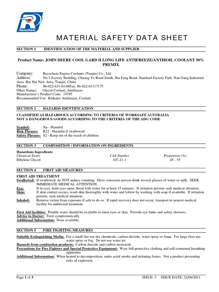John Deere Cool Gard II MSDS PDF Personal Protective Equipment Water