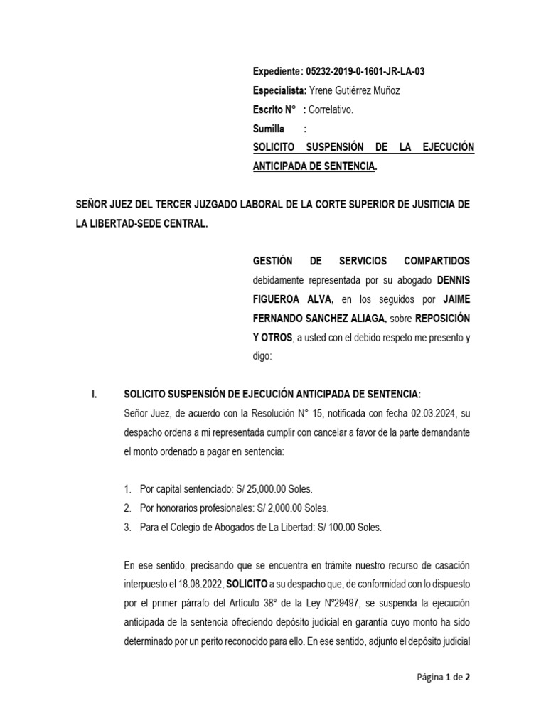 Exp. 5232-2019 - Solicito Suspensión de Ejecución Anticipada | PDF