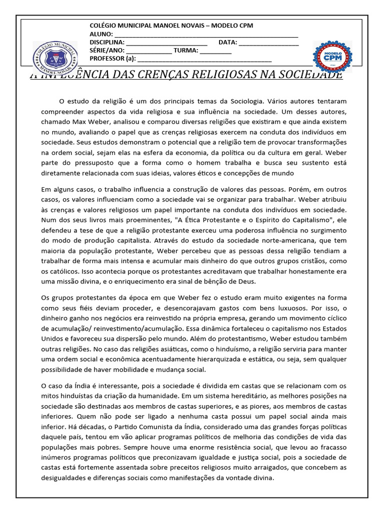 Crenças Religiosas e sua Influência Social | PDF | Max Weber | Sociologia
