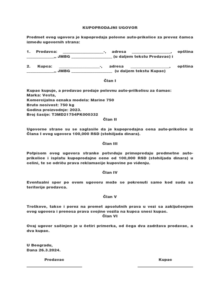 Kupoprodajni ugovor autoprikolica za čamac - obrazac | PDF
