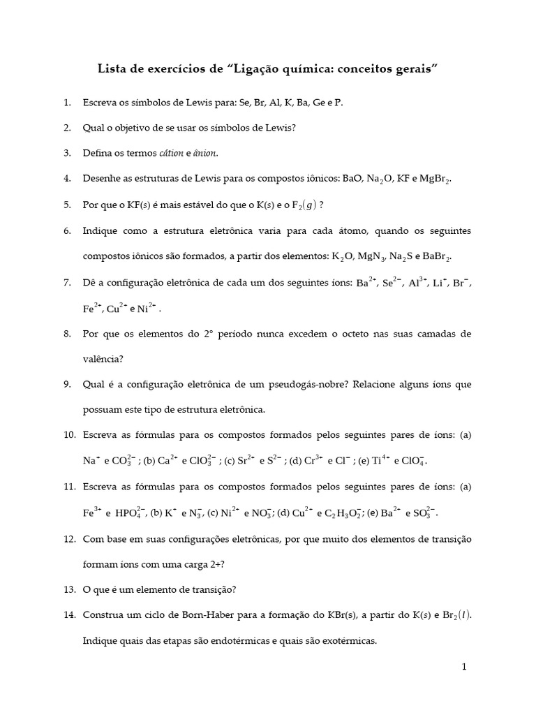 Lista De Exercicios De Ligacao Quimica Conceitos Gerais Pdf