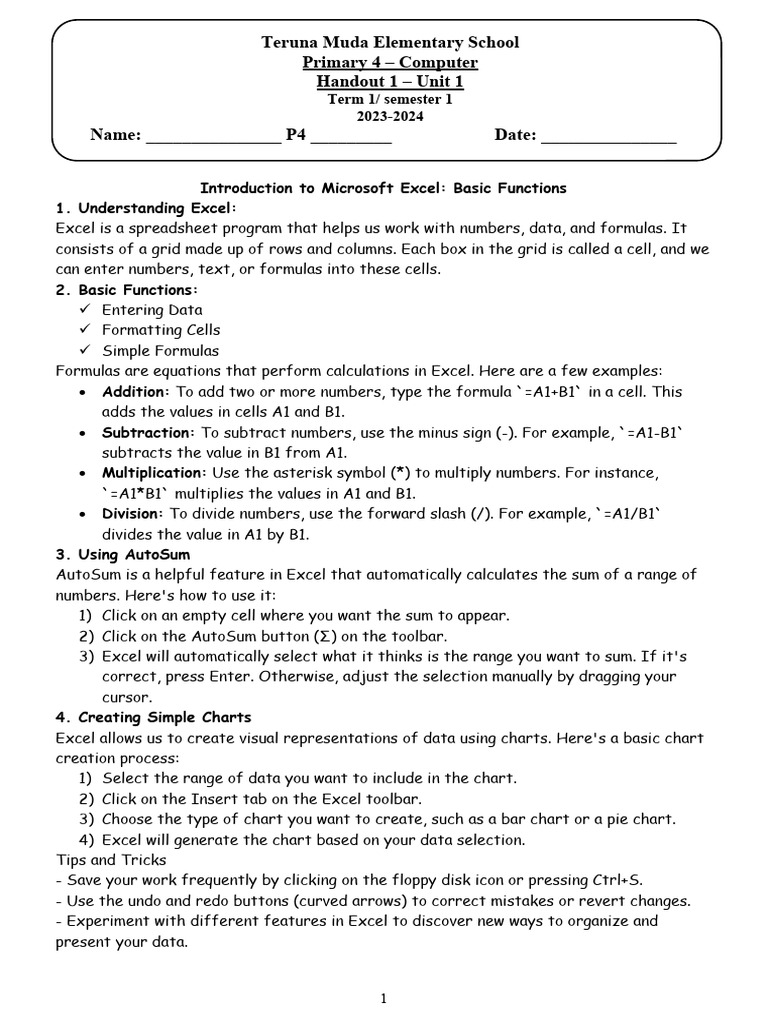 Excel Basics: Functions & Charts Guide | PDF | Microsoft Excel ...