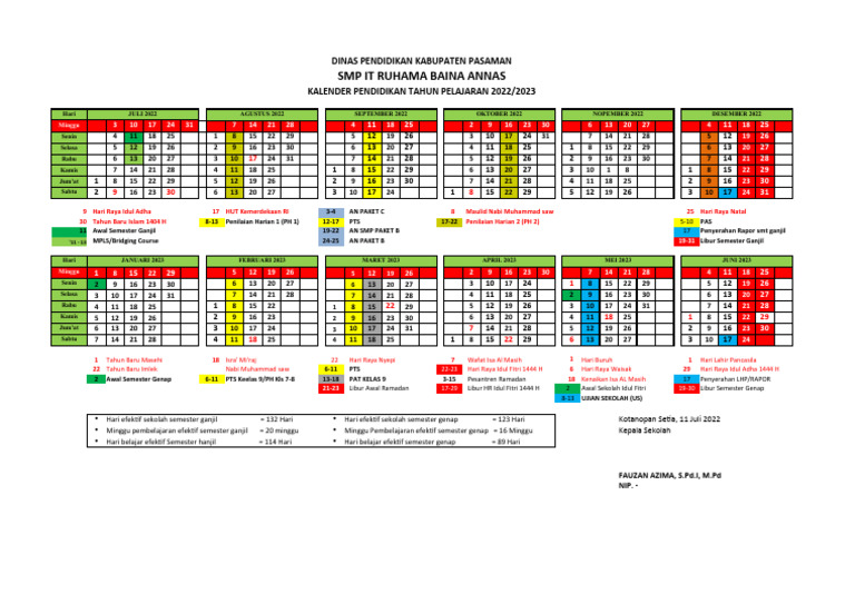 Kalender Pendidikan SMP IT Ruhama 2022/2023 | PDF
