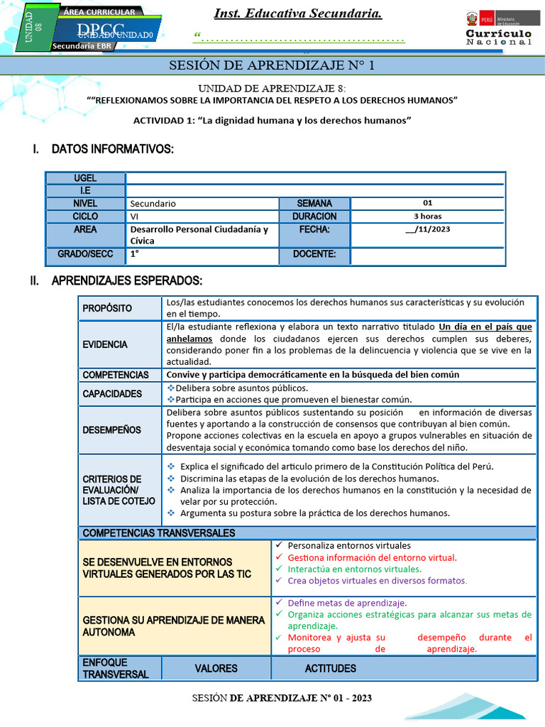 1º DPCC - Ses 1 Uni 8 - Sem 01 | PDF | Aprendizaje | Derechos humanos