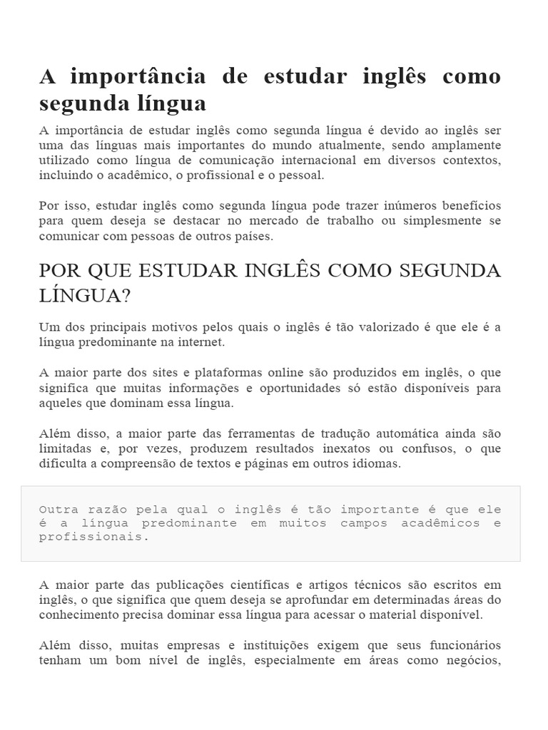 A Importância de Estudar Inglês Como Segunda Língua | PDF | Língua ...