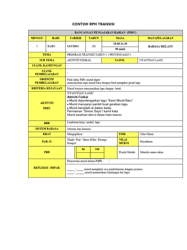 Contoh RPH Transisi | PDF